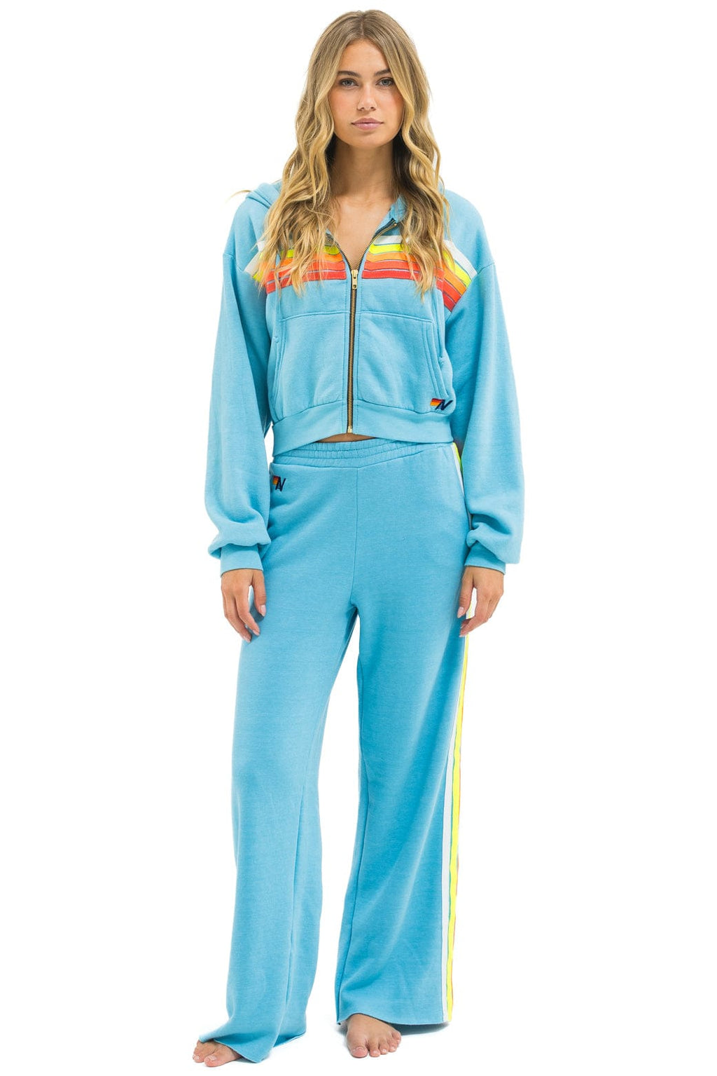 Retro 5 STRIPE CROPPED ZIP HOODIE RELAXED - AQUA WHITE NEON