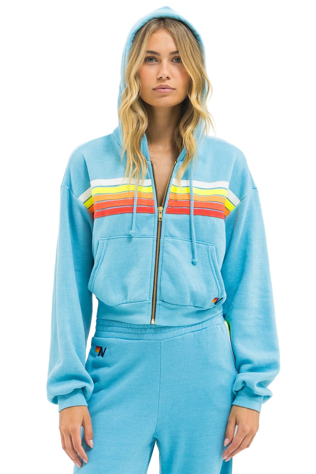 Retro 5 STRIPE CROPPED ZIP HOODIE RELAXED - AQUA WHITE NEON