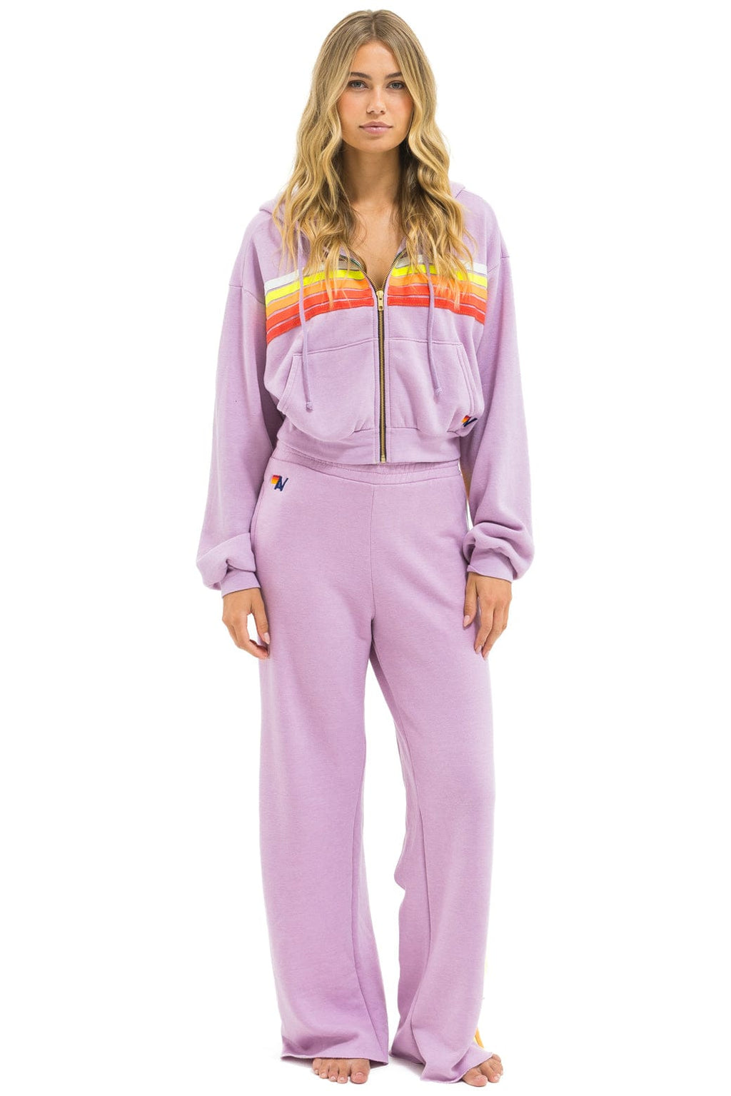 Retro 5 STRIPE CROPPED ZIP HOODIE RELAXED - MAUVE WHITE NEON