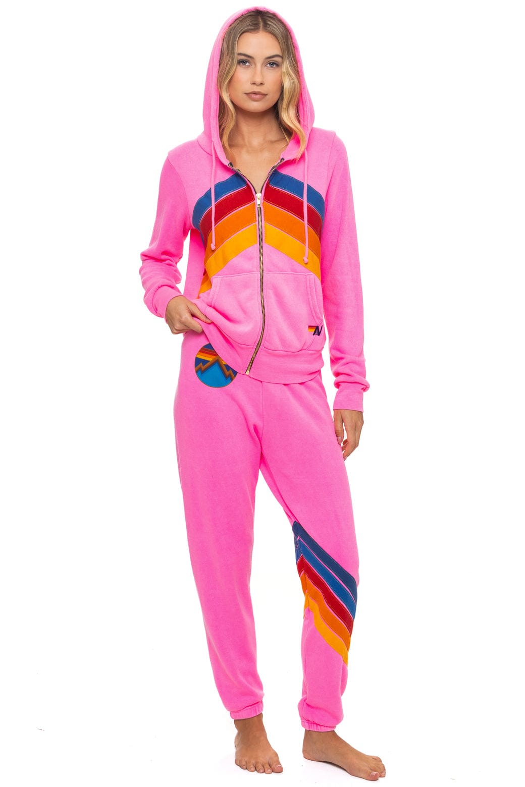 Retro MOUNTAIN STITCH CHEVRON 4 ZIP HOODIE - NEON PINK