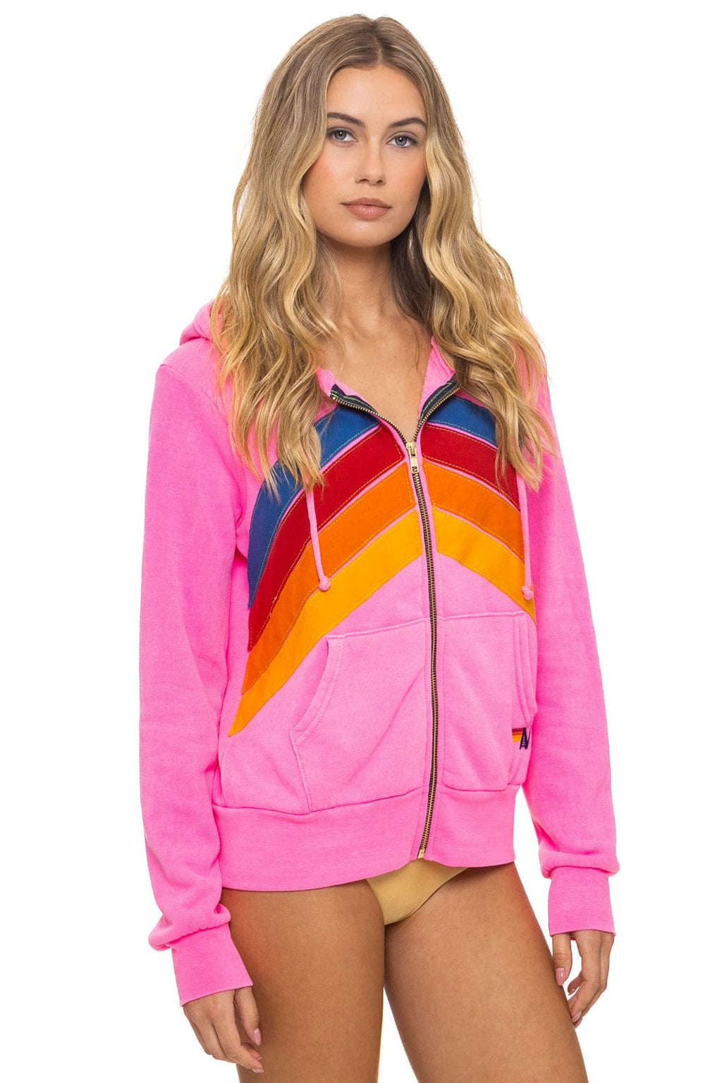 Retro MOUNTAIN STITCH CHEVRON 4 ZIP HOODIE - NEON PINK