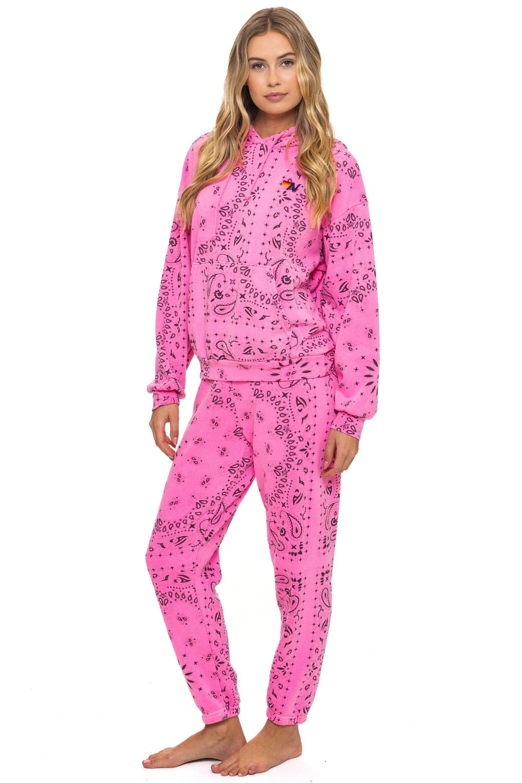 Retro BANDANA RELAXED PULLOVER HOODIE - NEON PINK