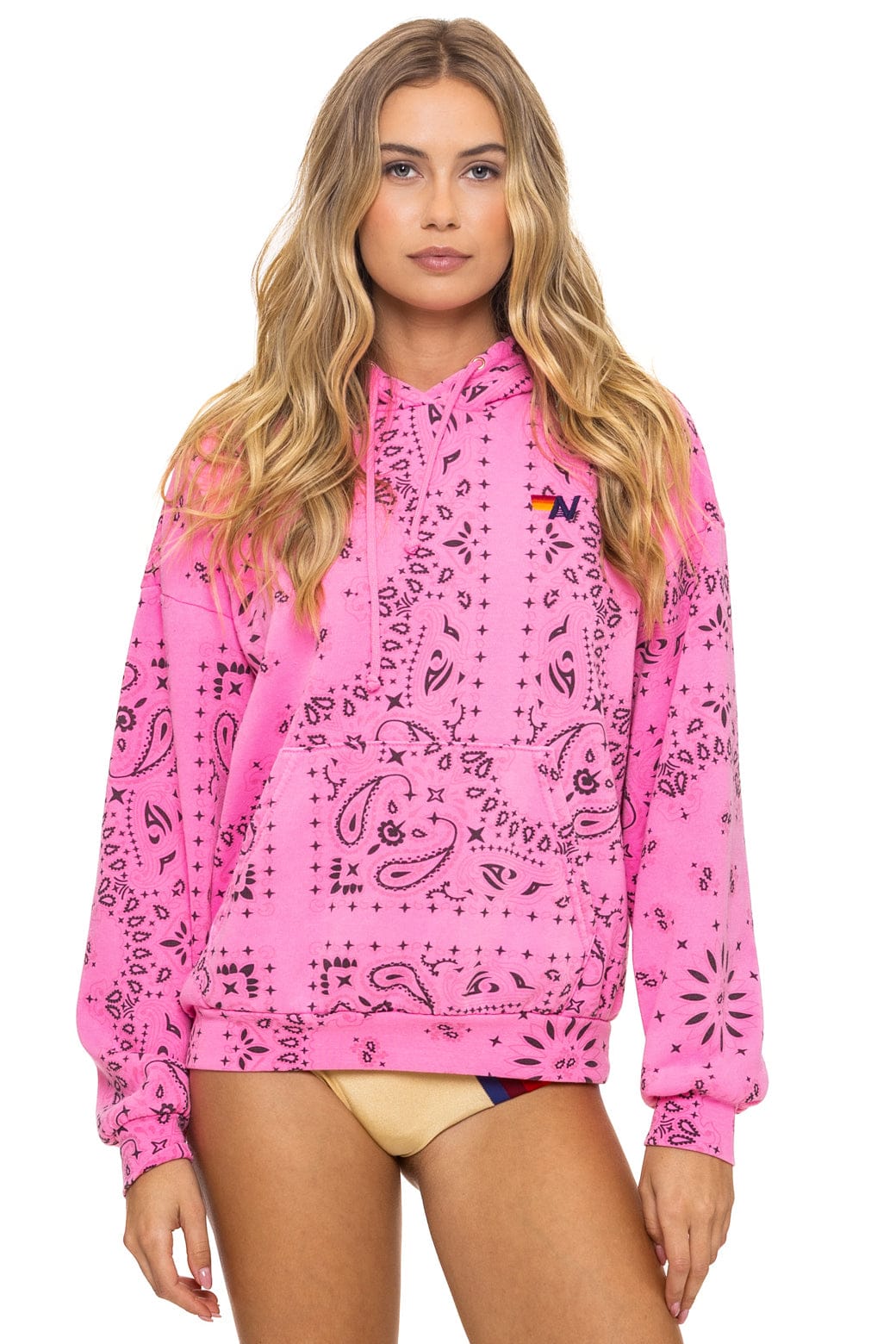 Retro BANDANA RELAXED PULLOVER HOODIE - NEON PINK