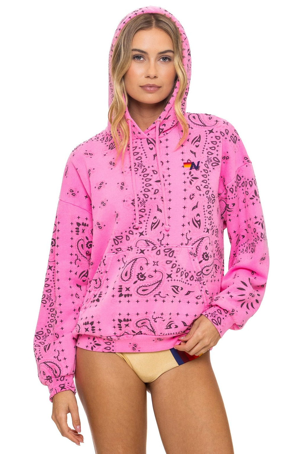 Retro BANDANA RELAXED PULLOVER HOODIE - NEON PINK