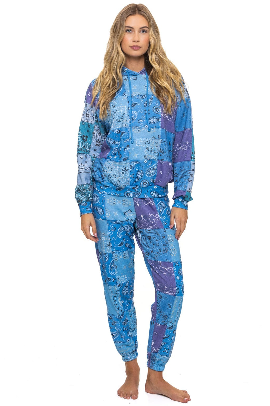 Retro BANDANA QUILTED RELAXED PULLOVER HOODIE - BLUE