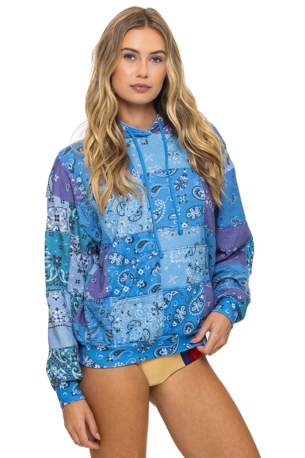 Retro BANDANA QUILTED RELAXED PULLOVER HOODIE - BLUE