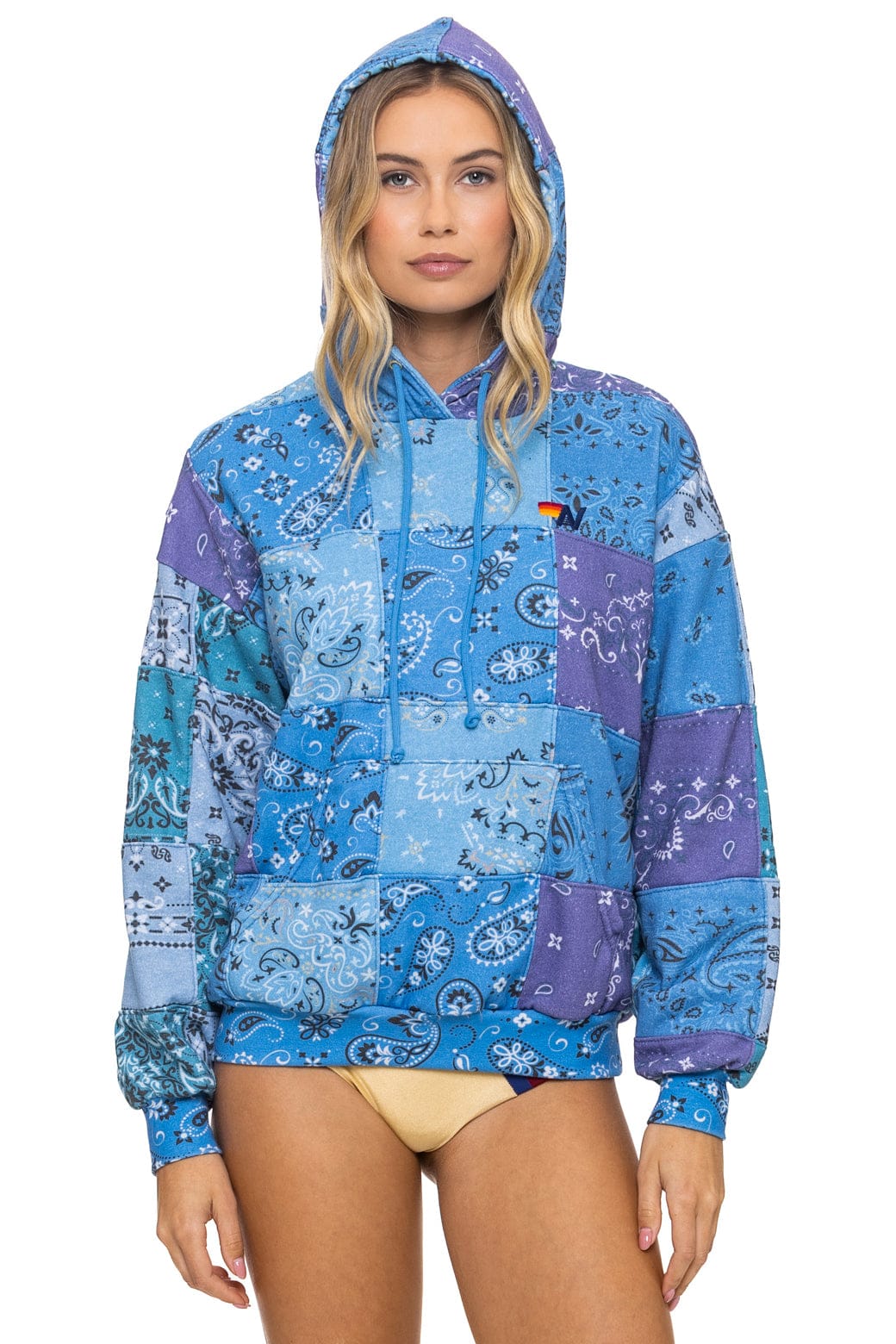 Retro BANDANA QUILTED RELAXED PULLOVER HOODIE - BLUE