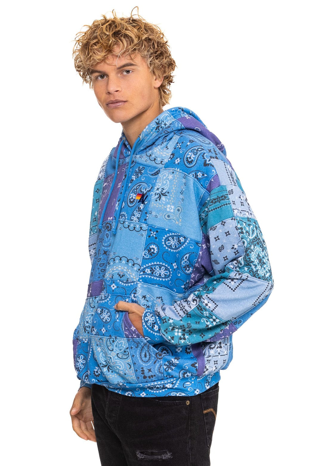 Retro BANDANA QUILTED RELAXED PULLOVER HOODIE - BLUE
