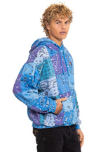 Retro BANDANA QUILTED RELAXED PULLOVER HOODIE - BLUE