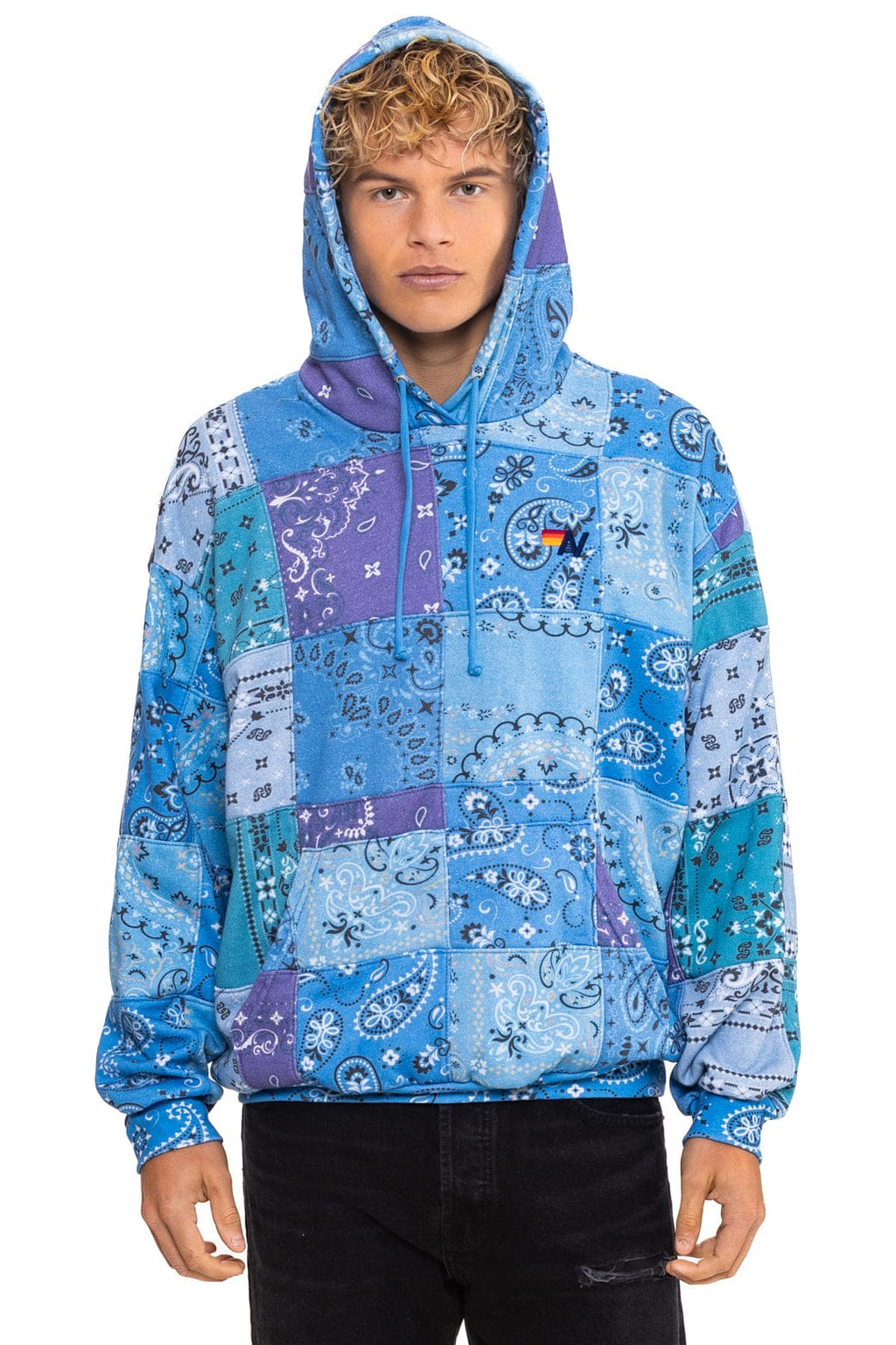 Retro BANDANA QUILTED RELAXED PULLOVER HOODIE - BLUE
