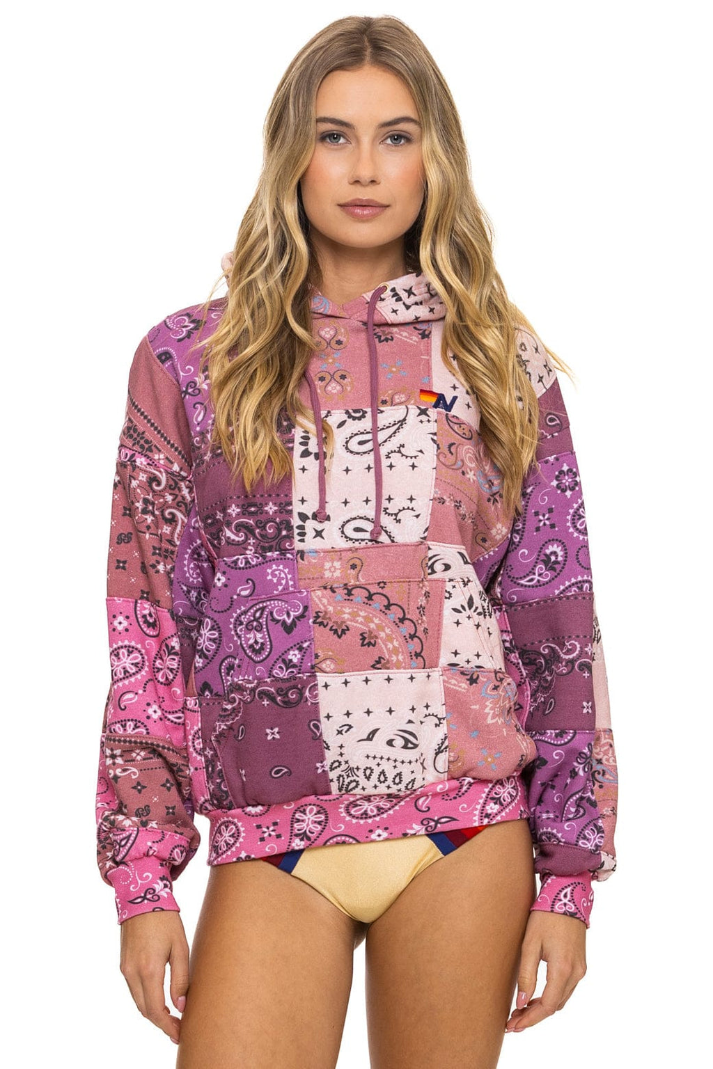 Retro BANDANA QUILTED RELAXED PULLOVER HOODIE - PINK