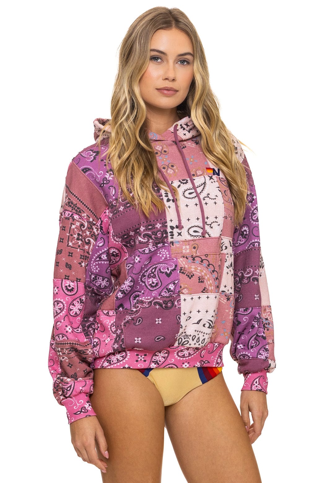 Retro BANDANA QUILTED RELAXED PULLOVER HOODIE - PINK