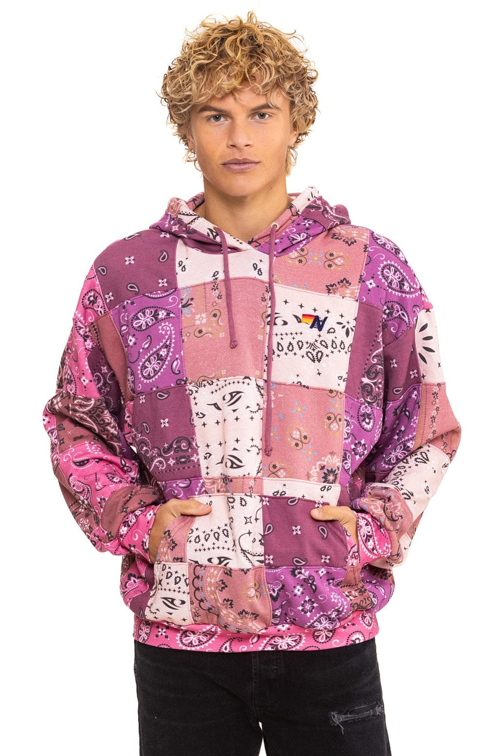 Retro BANDANA QUILTED RELAXED PULLOVER HOODIE - PINK