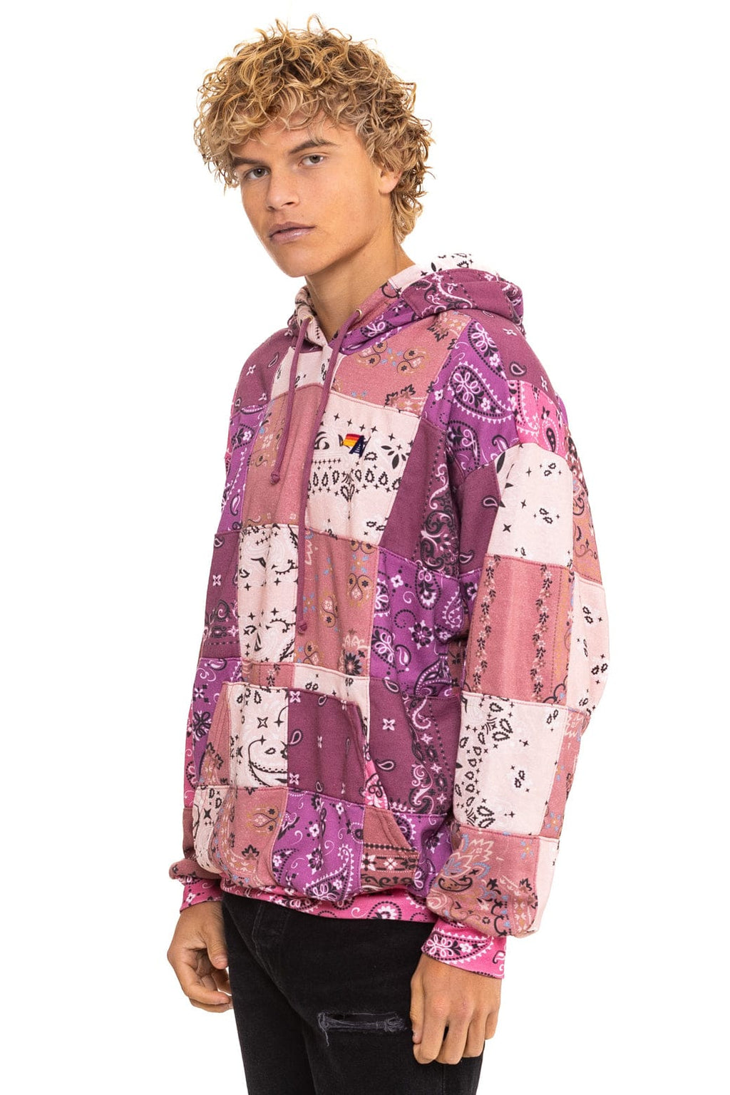 Retro BANDANA QUILTED RELAXED PULLOVER HOODIE - PINK