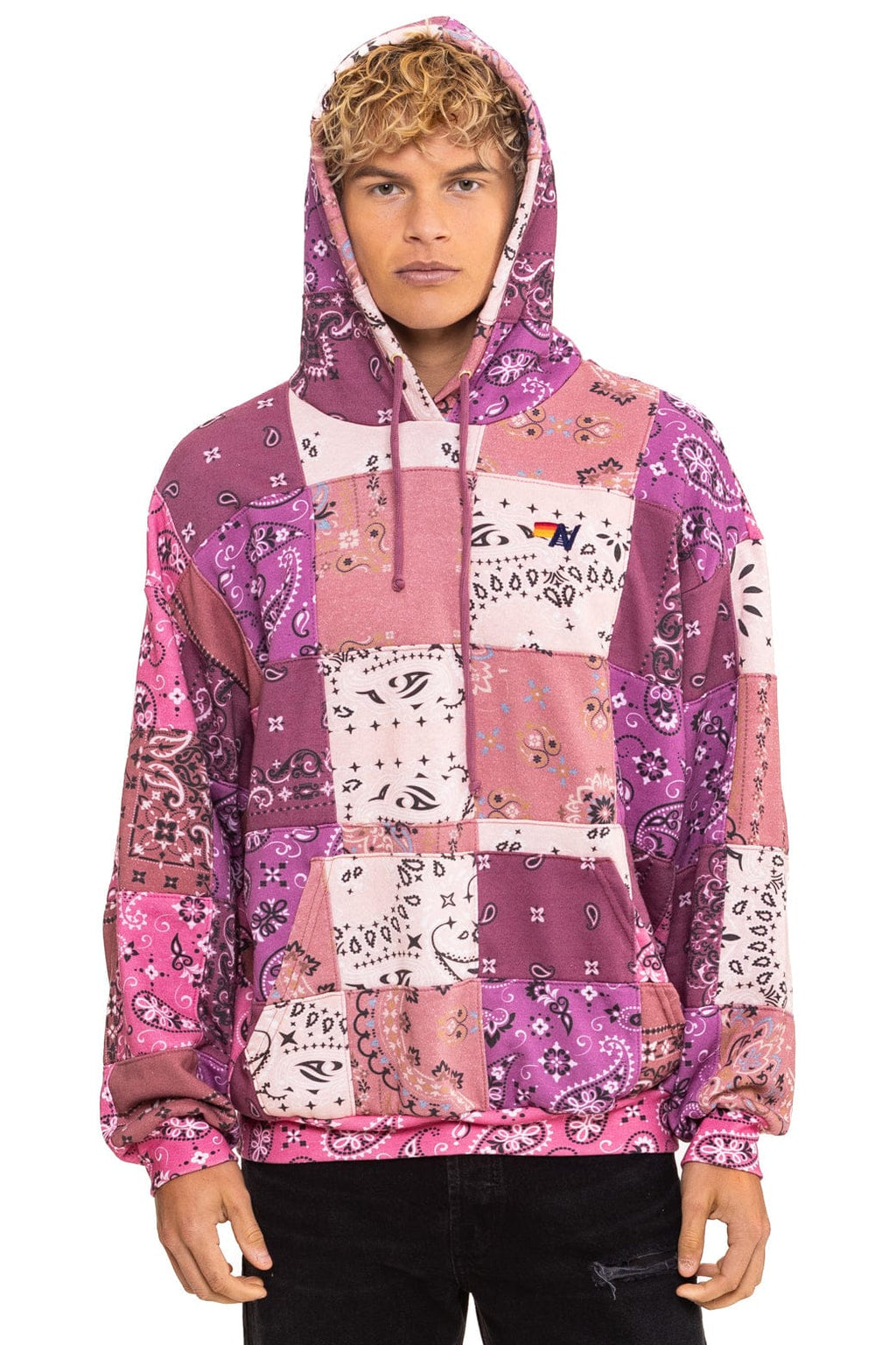 Retro BANDANA QUILTED RELAXED PULLOVER HOODIE - PINK