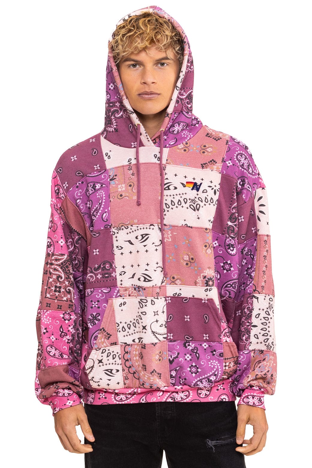 Retro BANDANA QUILTED RELAXED PULLOVER HOODIE - PINK