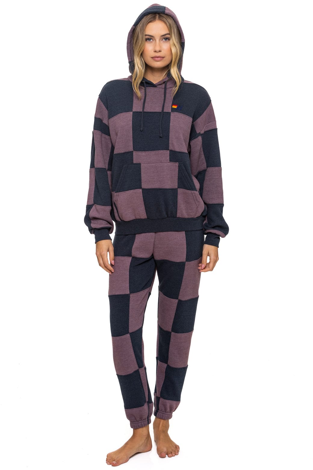 Retro CHECK QUILT RELAXED PULLOVER HOODIE - CHARCOAL MOCHA