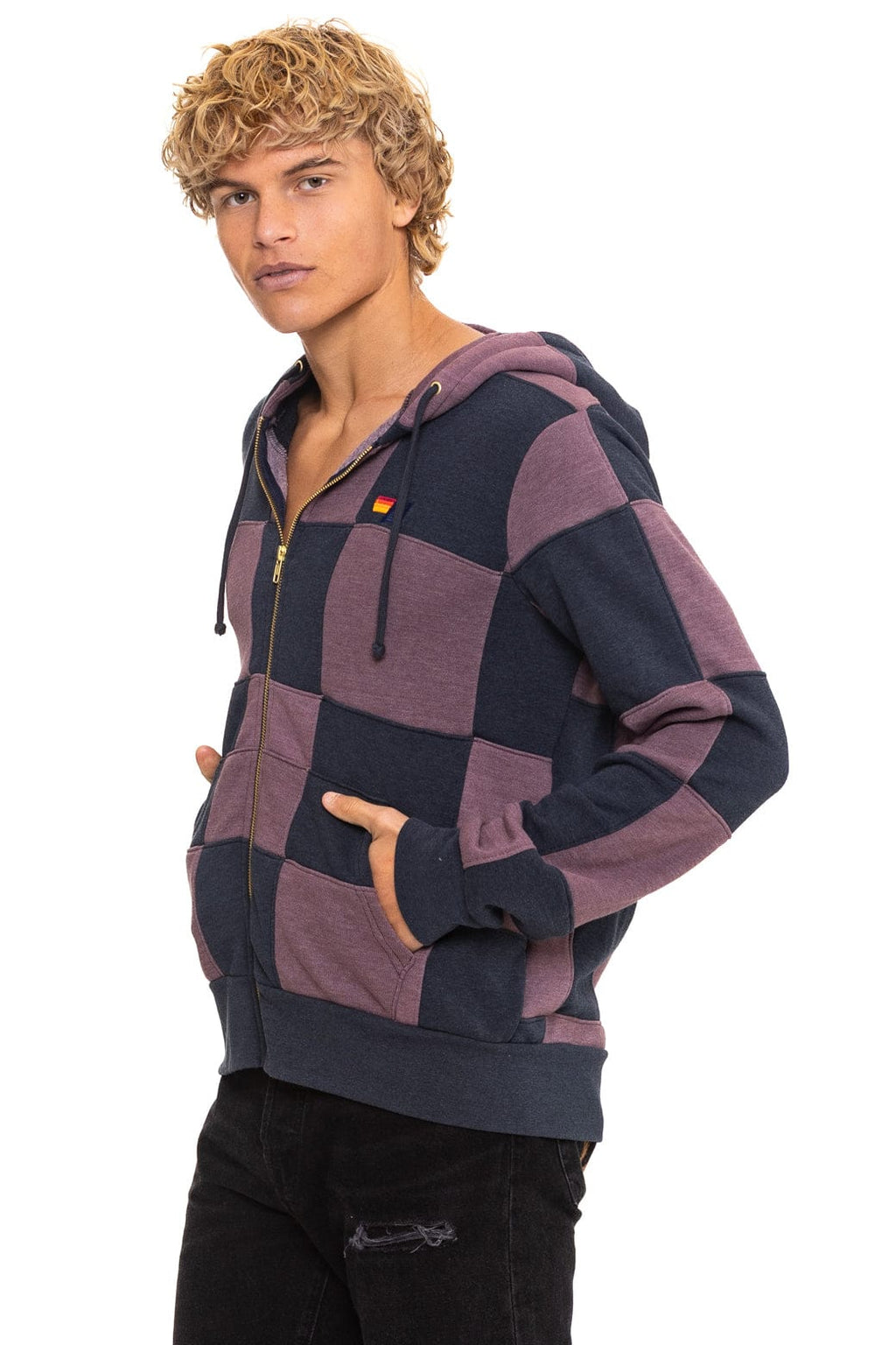 Retro CHECK QUILT ZIP HOODIE - CHARCOAL MOCHA