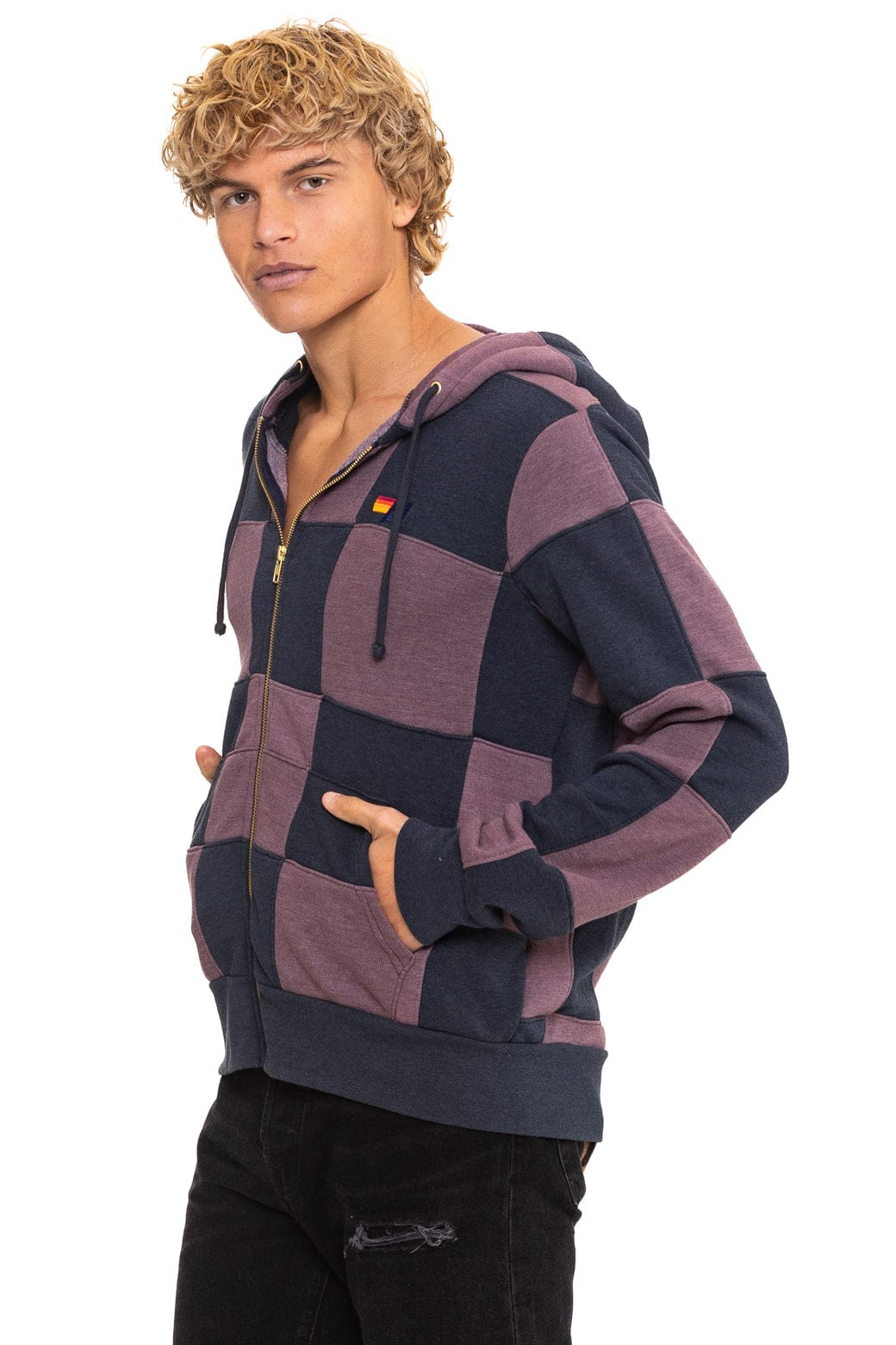 Retro CHECK QUILT ZIP HOODIE - CHARCOAL MOCHA