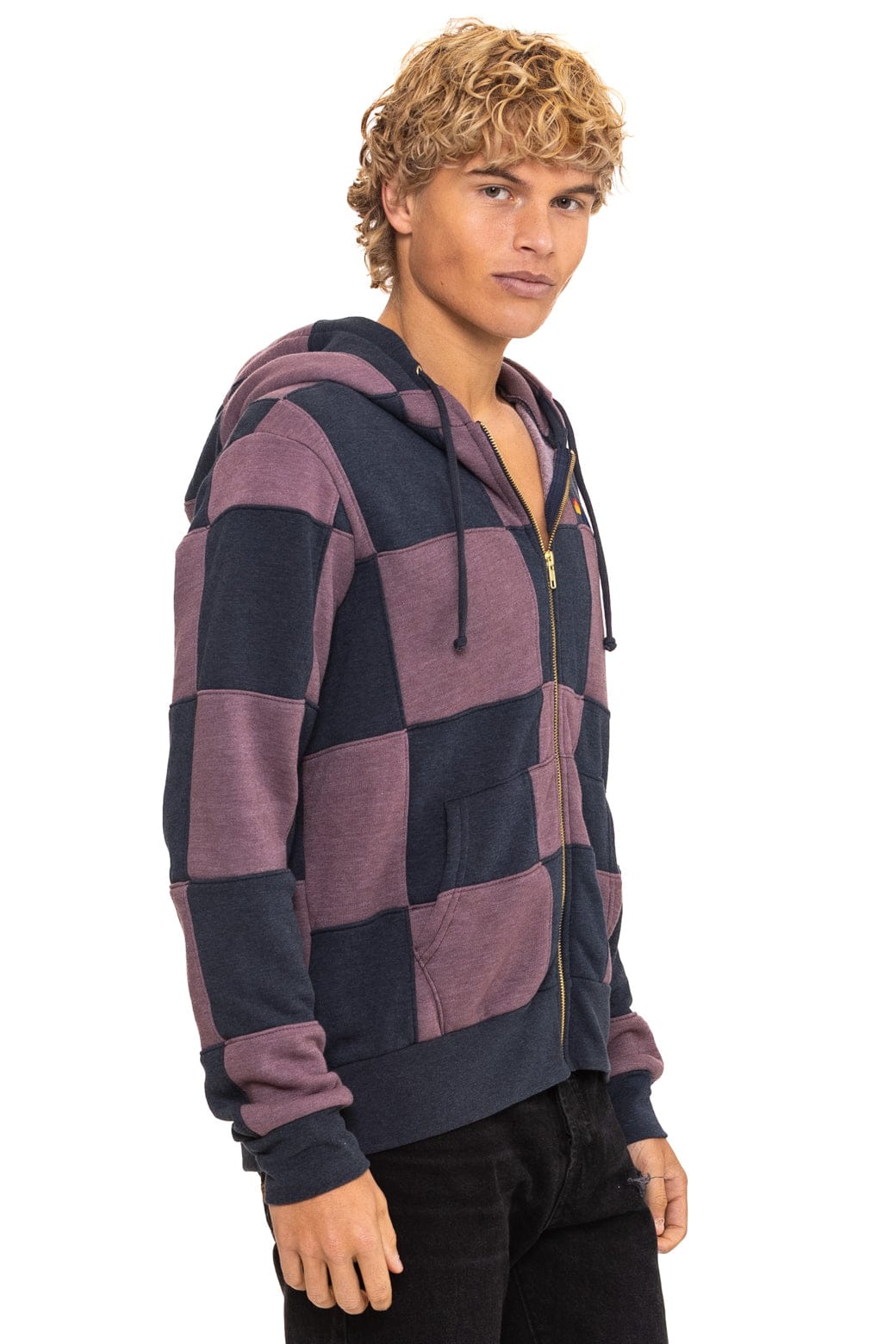 Retro CHECK QUILT ZIP HOODIE - CHARCOAL MOCHA