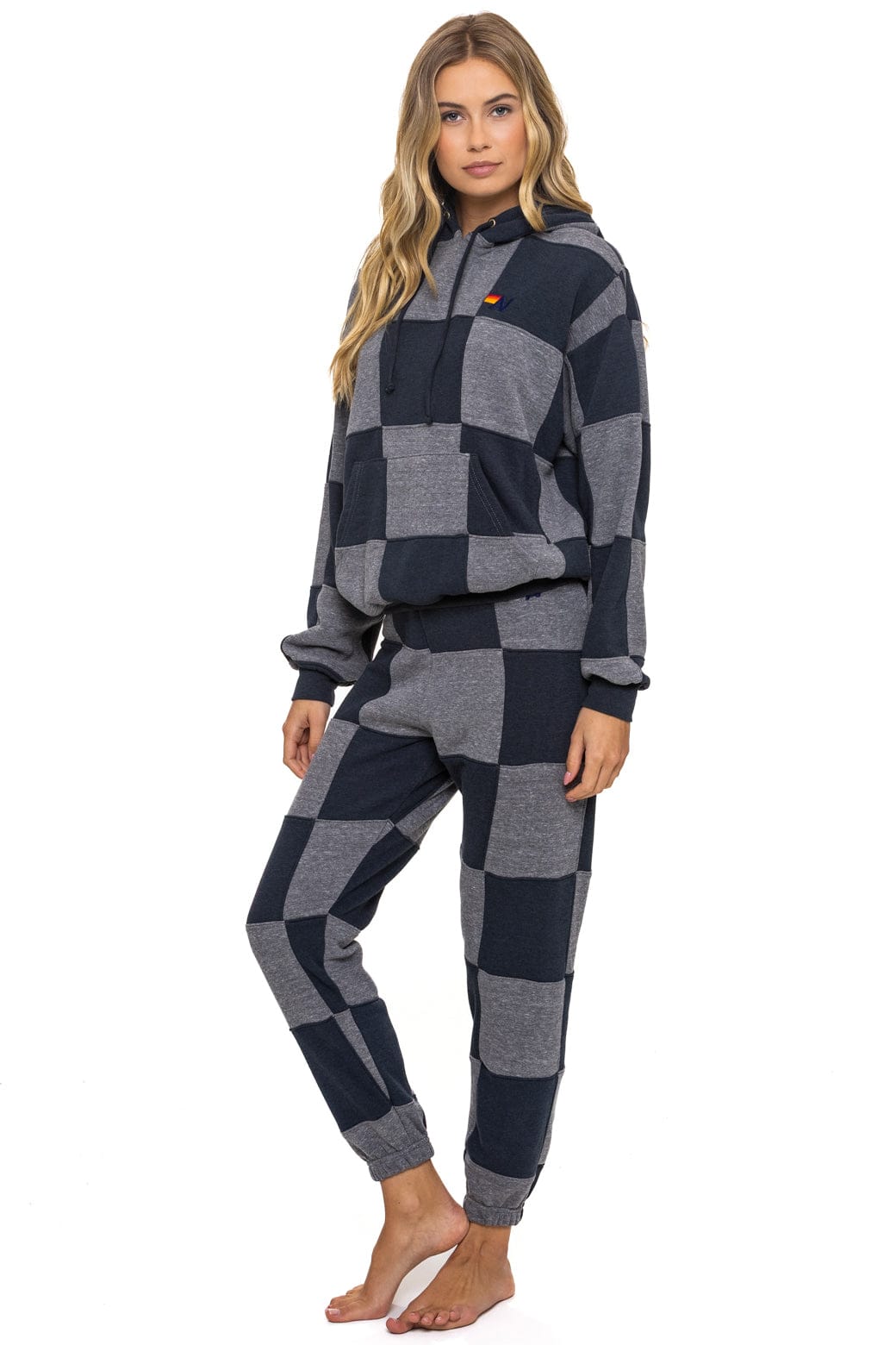 Retro CHECK QUILT RELAXED PULLOVER HOODIE - HEATHER CHARCOAL