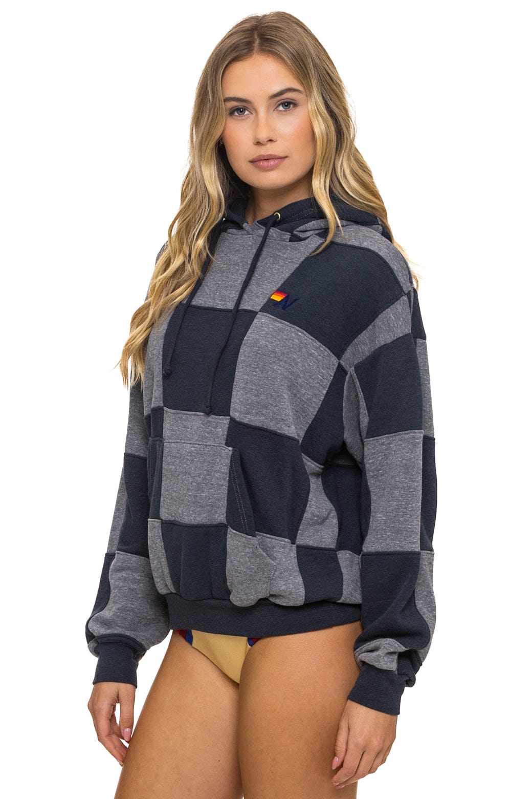 Retro CHECK QUILT RELAXED PULLOVER HOODIE - HEATHER CHARCOAL