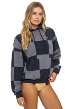 Retro CHECK QUILT RELAXED PULLOVER HOODIE - HEATHER CHARCOAL