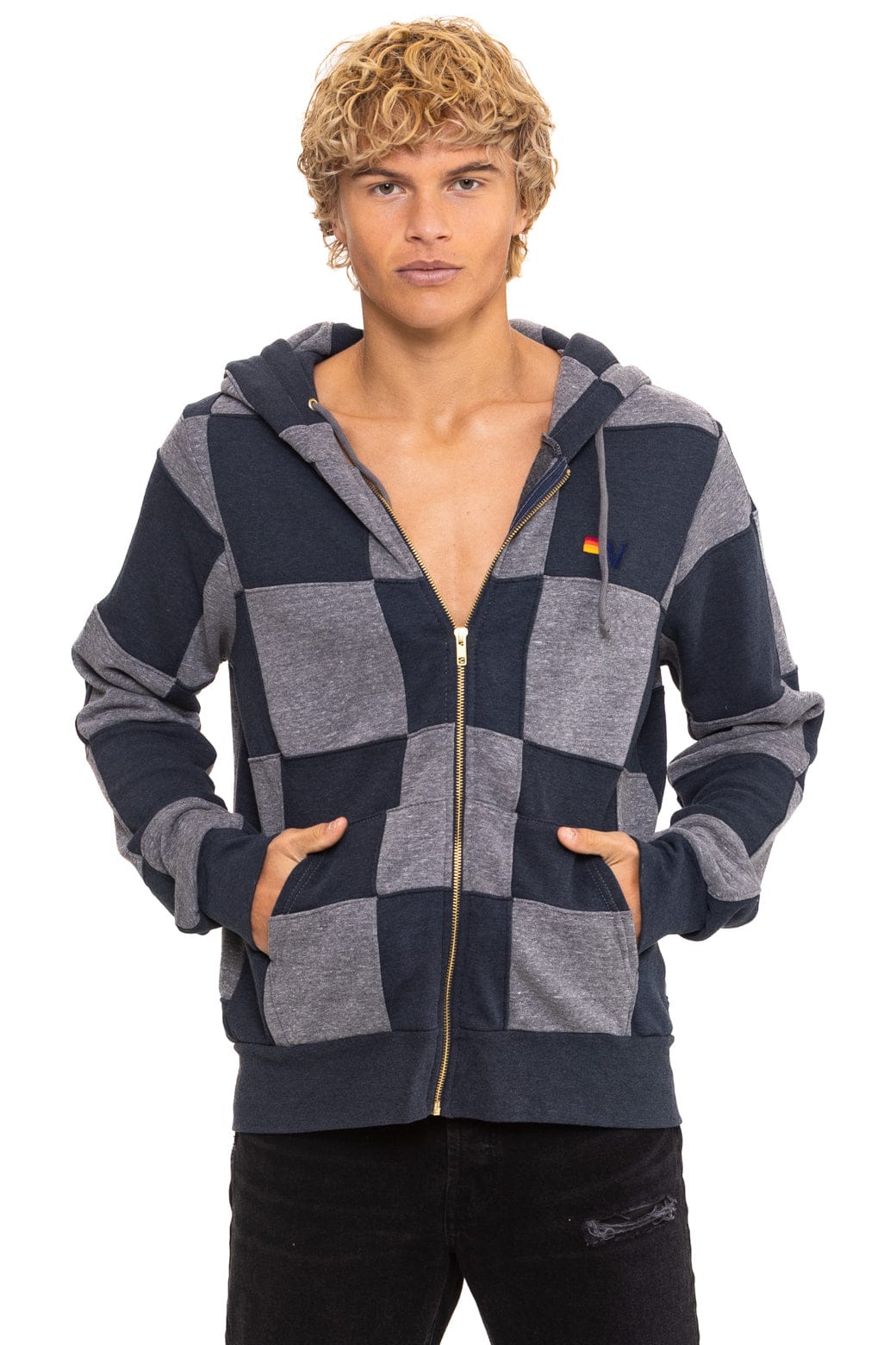 Retro CHECK QUILT ZIP HOODIE - HEATHER CHARCOAL