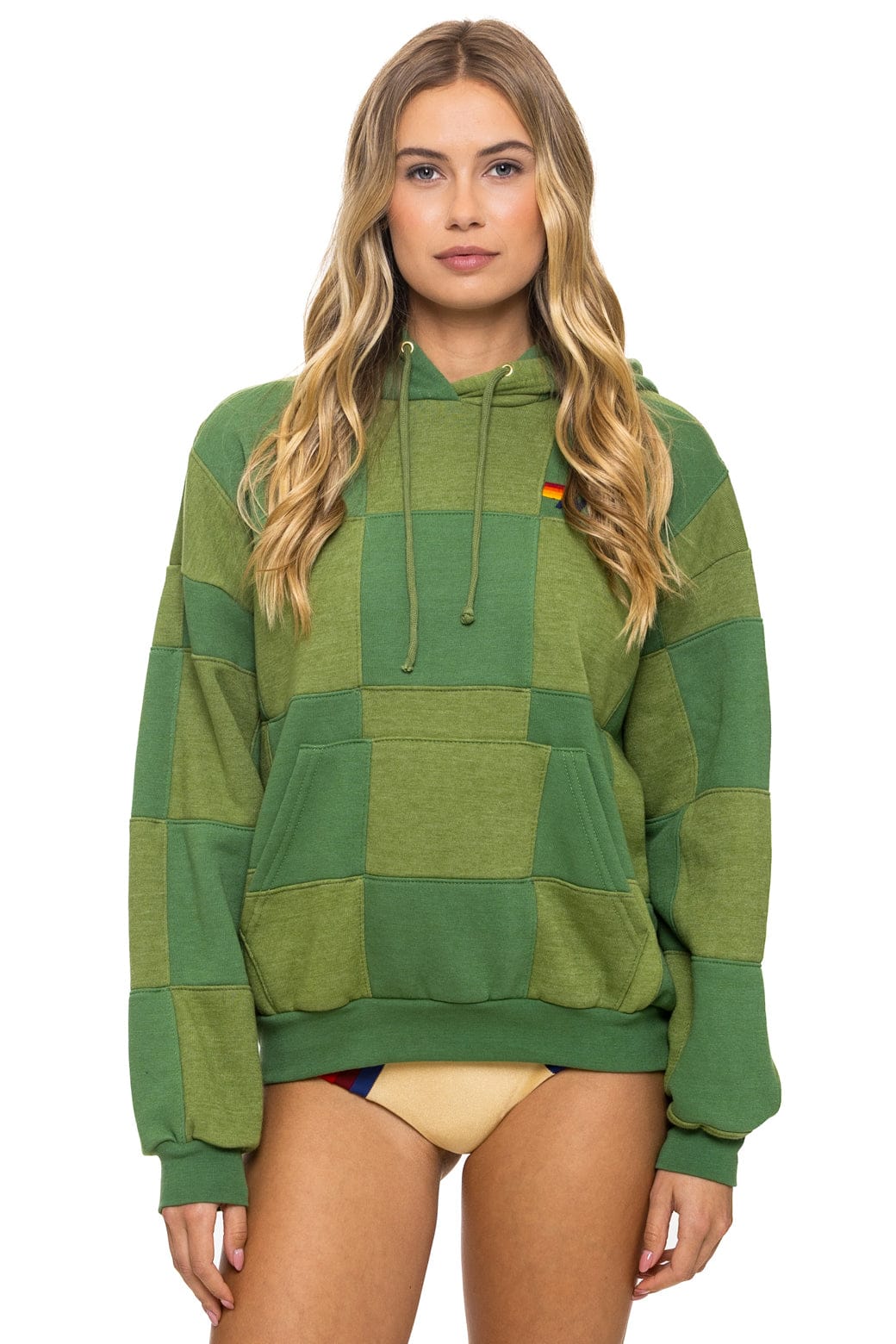 Retro CHECK QUILT RELAXED PULLOVER HOODIE - JUNGLE GREEN PALM
