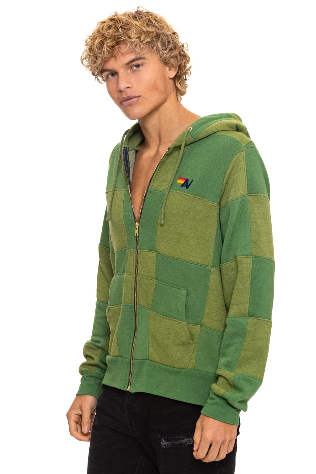 Retro CHECK QUILT ZIP HOODIE - JUNGLE GREEN PALM