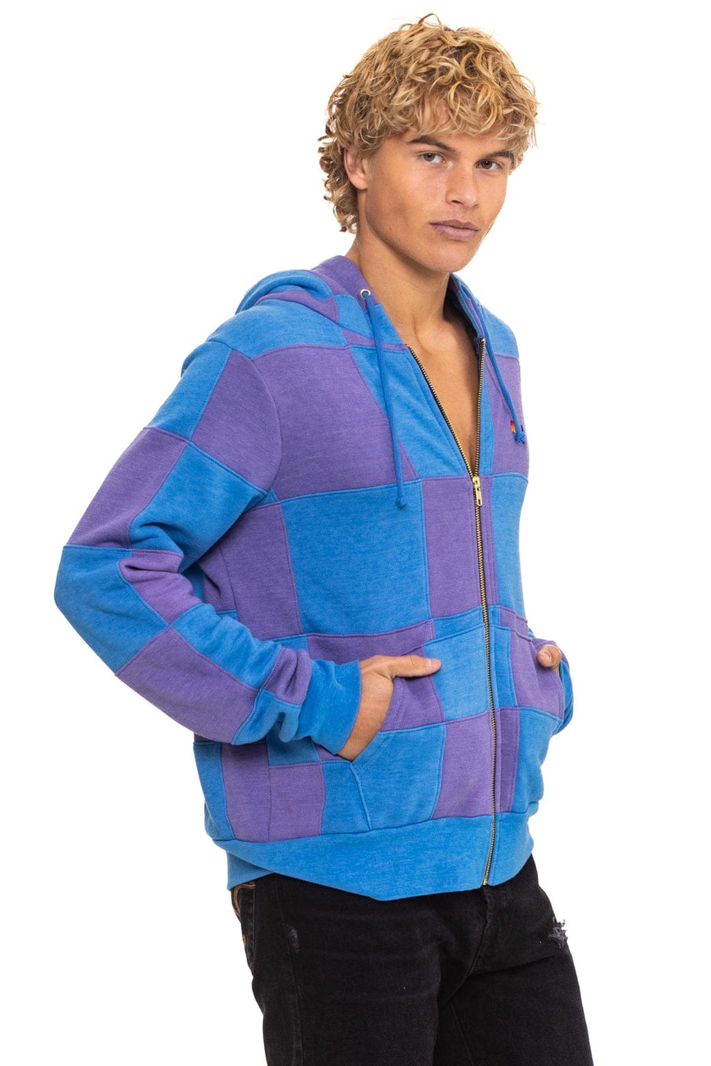Retro CHECK QUILT ZIP HOODIE - LAVENDER OCEAN