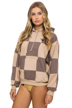 Retro CHECK QUILT RELAXED PULLOVER HOODIE - SAND TAUPE