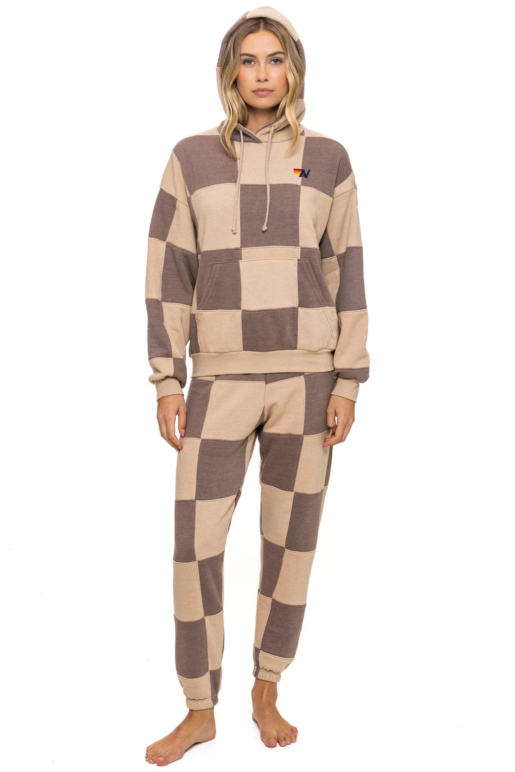 Retro CHECK QUILT RELAXED PULLOVER HOODIE - SAND TAUPE