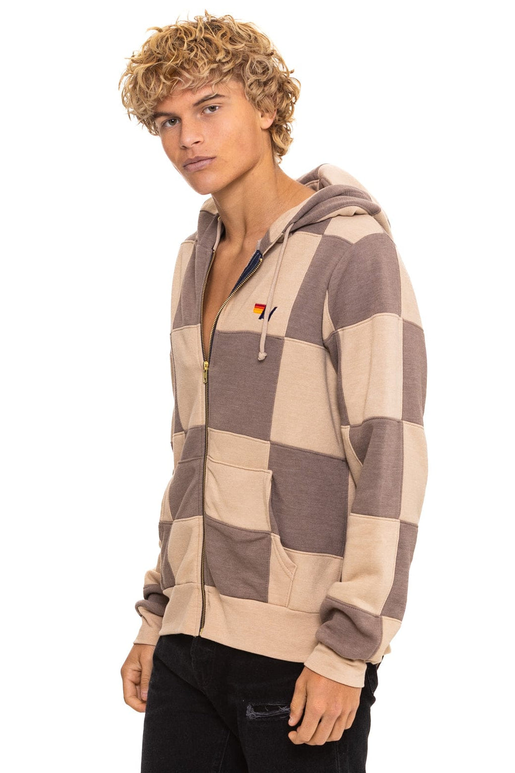 Retro CHECK QUILT ZIP HOODIE - SAND TAUPE