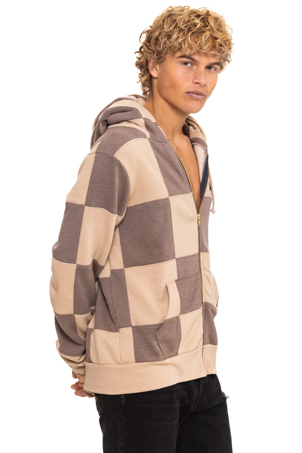 Retro CHECK QUILT ZIP HOODIE - SAND TAUPE