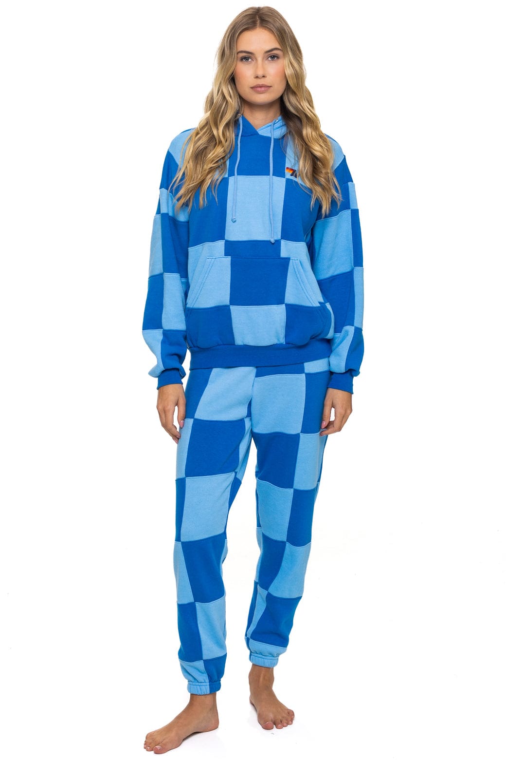 Retro CHECK QUILT RELAXED PULLOVER HOODIE - SKY ADVENTURE BLUE