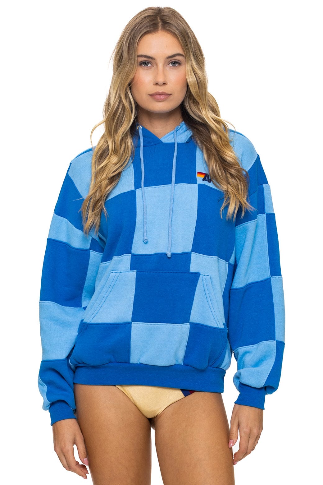 Retro CHECK QUILT RELAXED PULLOVER HOODIE - SKY ADVENTURE BLUE