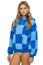 Retro CHECK QUILT RELAXED PULLOVER HOODIE - SKY ADVENTURE BLUE