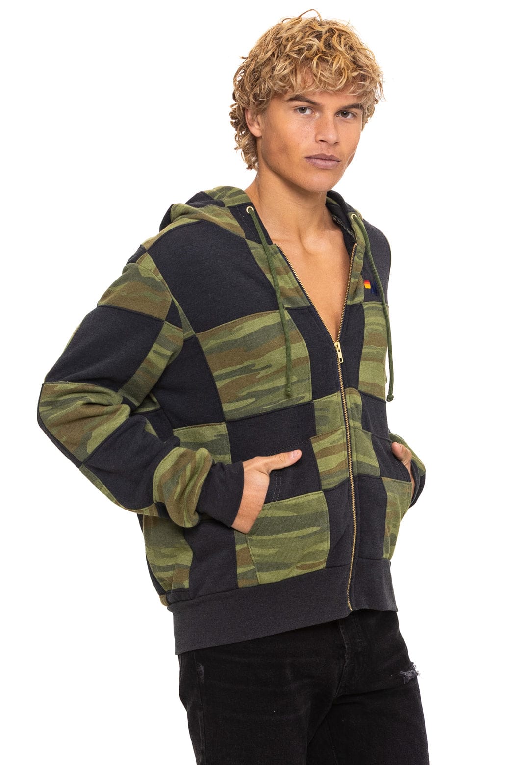 Retro CHECK QUILT ZIP HOODIE - SMOKE CAMO