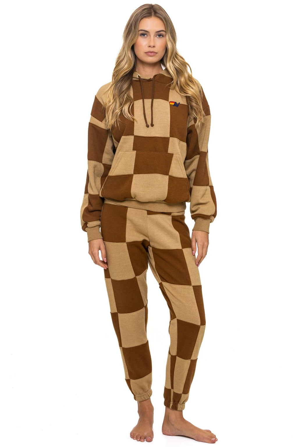Retro CHECK QUILT RELAXED PULLOVER HOODIE - TAN CINNAMON