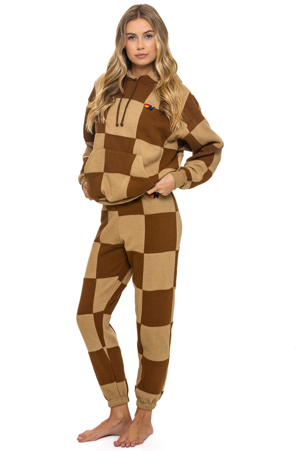 Retro CHECK QUILT RELAXED PULLOVER HOODIE - TAN CINNAMON