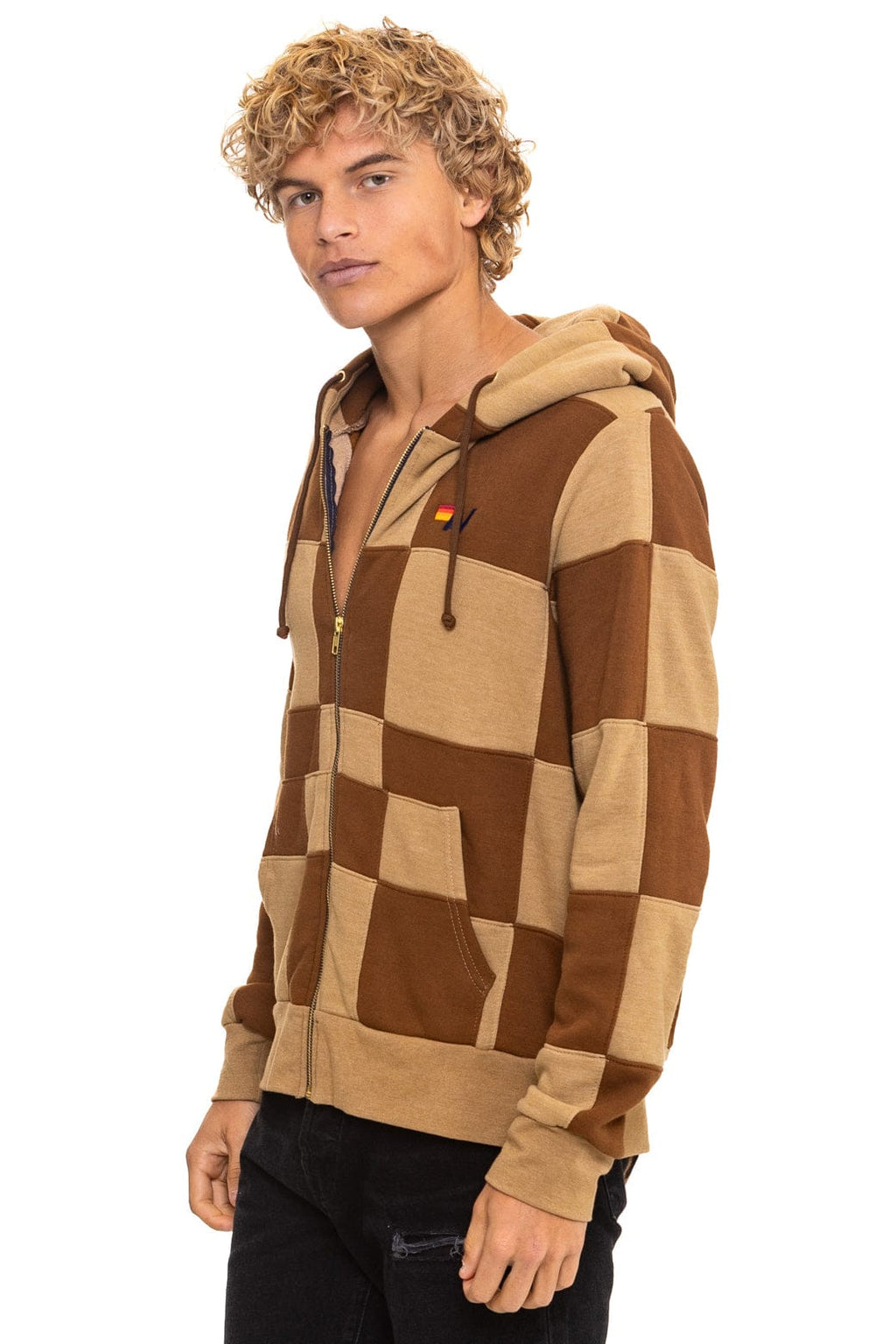 Retro CHECK QUILT ZIP HOODIE - TAN CINNAMON