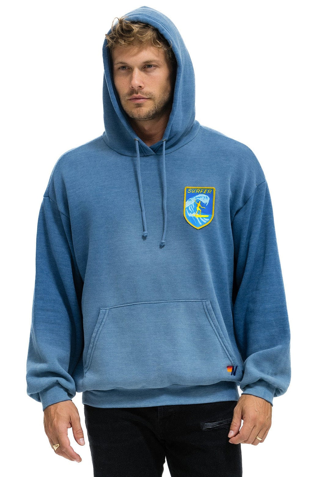 Retro SURFER WAVE PATCH PULLOVER RELAXED HOODIE - FADED WATER