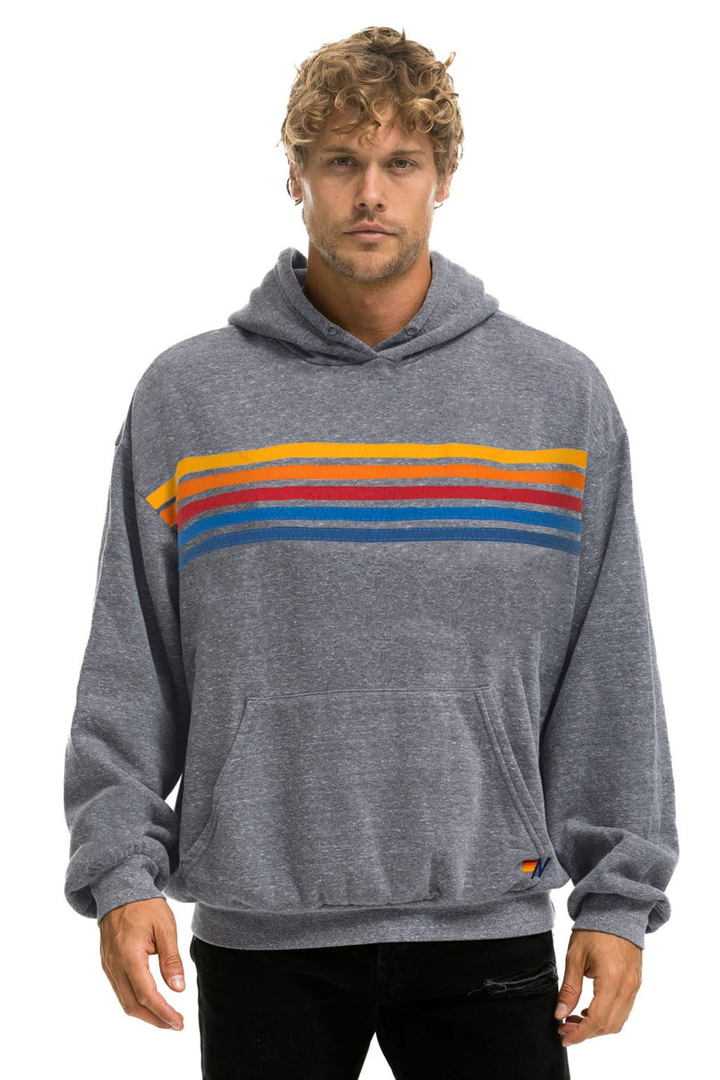Retro 5 STRIPE RELAXED PULLOVER HOODIE - HEATHER GREY