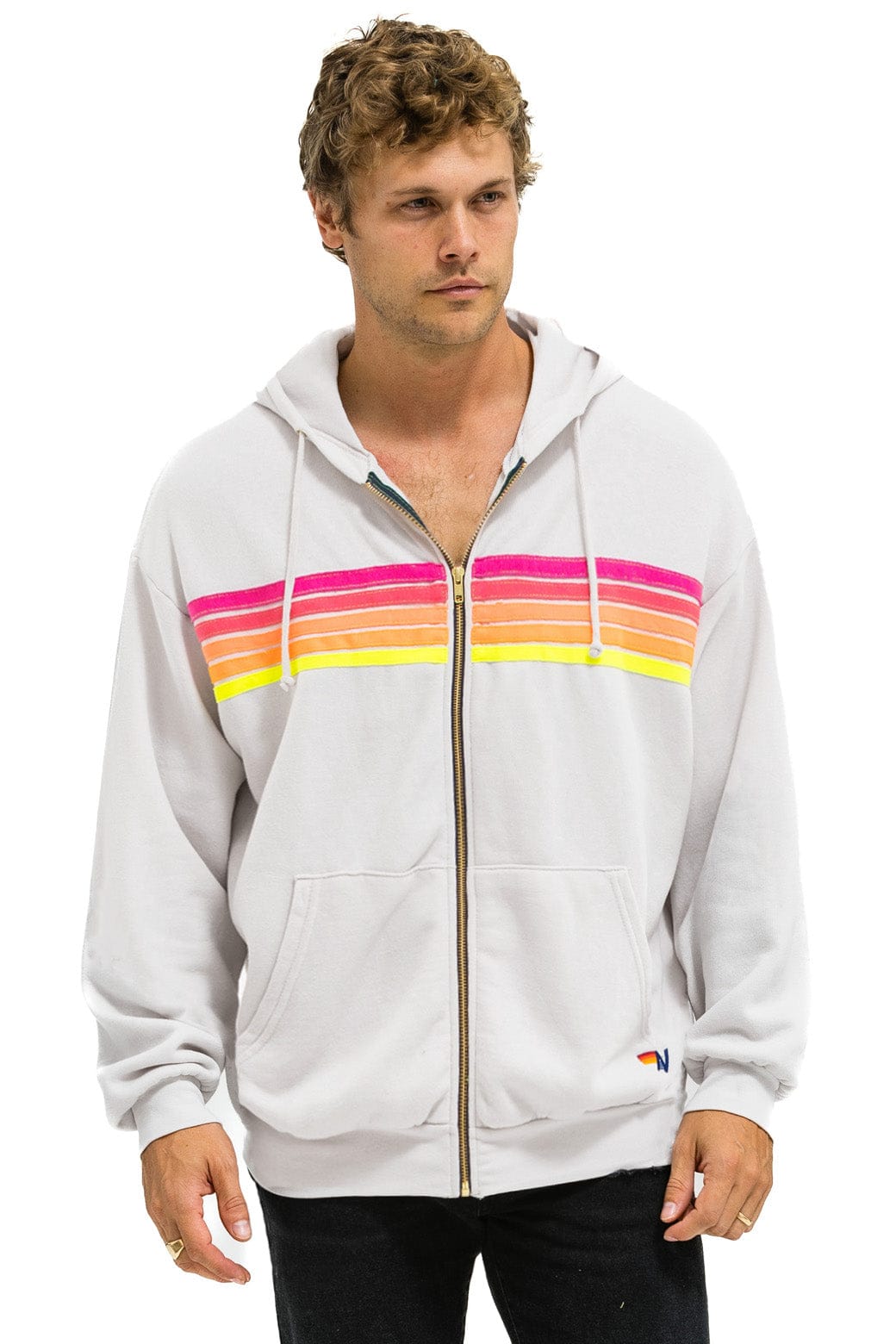 Retro 5 STRIPE RELAXED ZIP HOODIE - DOVE GREY NEON
