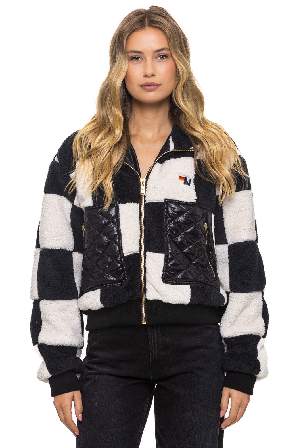 Retro TEDDY CHECKERBOARD WOMENS FULL ZIP JACKET - VINTAGE BLACK