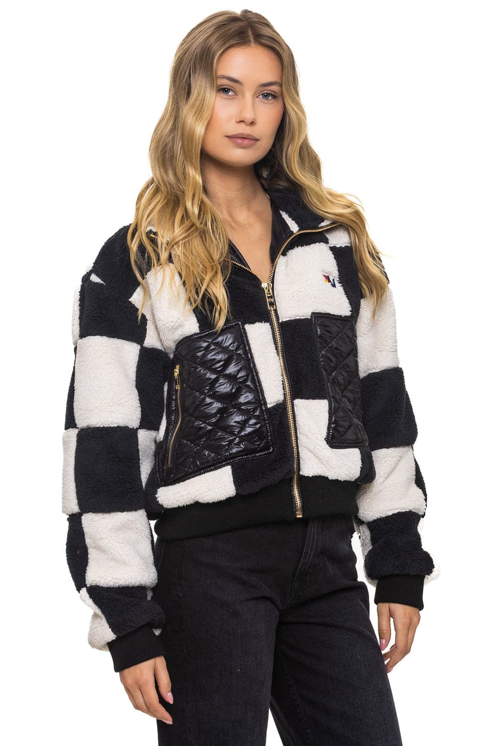 Retro TEDDY CHECKERBOARD WOMENS FULL ZIP JACKET - VINTAGE BLACK
