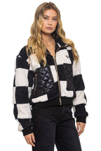 Retro TEDDY CHECKERBOARD WOMENS FULL ZIP JACKET - VINTAGE BLACK