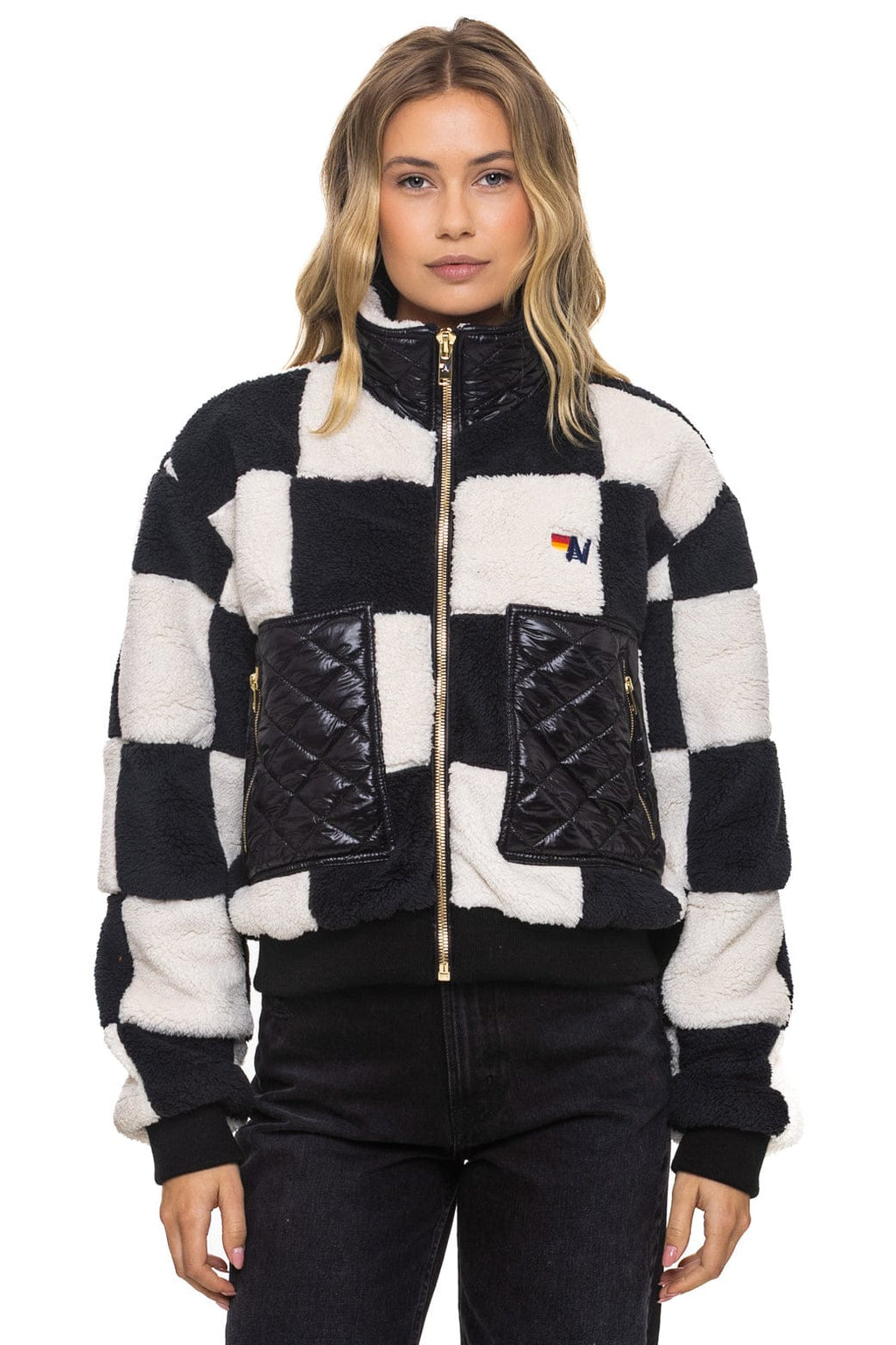 Retro TEDDY CHECKERBOARD WOMENS FULL ZIP JACKET - VINTAGE BLACK