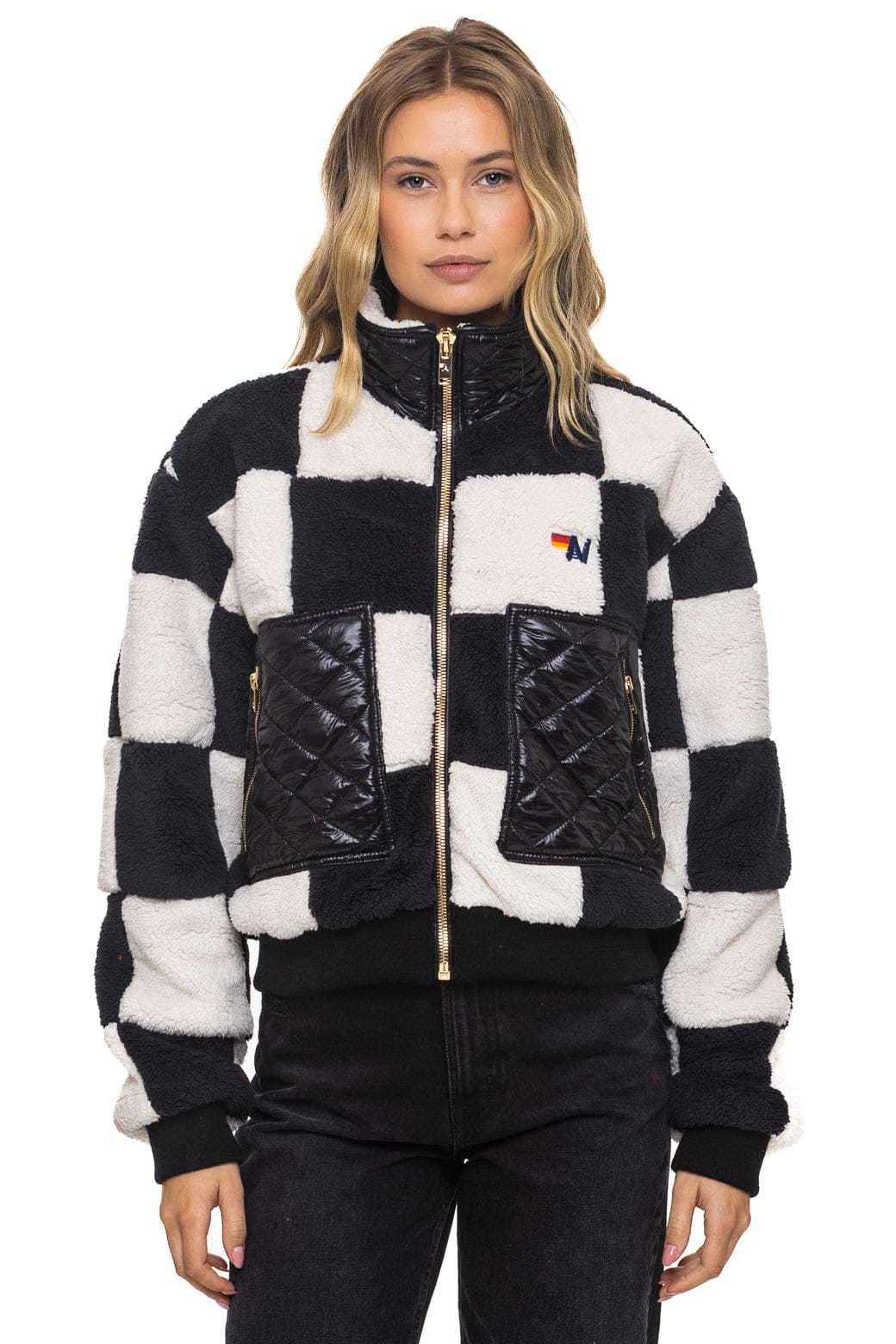 Retro TEDDY CHECKERBOARD WOMENS FULL ZIP JACKET - VINTAGE BLACK